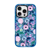 iPhone 16 Pro Impact Case Girly Pink Navy Blue Watercolor Flowers Roses Leaves Pattern Clear