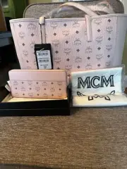 MCM New With Tags Pink Logo Monogram Tote Shopper With New Zippy Wallet