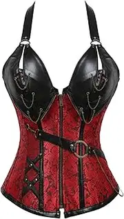 [Generic] Women's Steampunk Corset Red 14 Steel Bone Punk Leather Corset With Belt Neck Shapewear