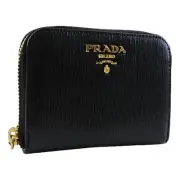 Prada Black Vitello Leather Gold Zip Coin Purse Wallet NWT