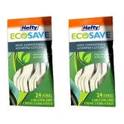 (2 Pack) 24 Pcs Hefty Ecosave 100% Compostable Cutlery Forks Spoons Knives