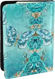 [EdWal] Light Blue Butterfly Print Passport Cover with Credit Card Holder Leather Passport Case, for Women Men Family ID Travel, Black, One Size