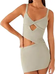 [Baynoyia] Women Sexy Cutout Mini Dress Spaghetti Strap Backless V-Neck Patchwork Bodycon Short Dress Party Cocktail