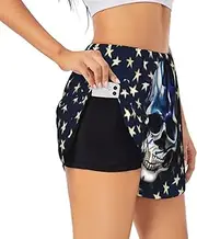 [WURTON] Blue Stripe Stars Skull Print Exercise Gym Workout Shorts Women's Athletic Shorts Dual-Layered Yoga Running Shorts