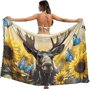 [XYMZR] Moose Sunflower Butterfly Cute Women's Sarong Swimsuit Coverups Chiffon Bikini Wraps Skirt with Tassels L