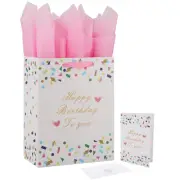 13" Large White Gift Bag Set with Greeting Card and Tissue Papers Geometric C...