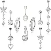 [LOAYHOAY] 10pcs 14k Gold Plated 14G Belly Button Rings for Women Surgical Steel Dangle Belly Rings CZ Clicker Belly Button Rings Hypoallergenic Heart Flower Butterfly Navel Piercing Jewelry