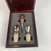 Wine Bottle Stoppers Wood & Metal Set Of 3 in Wooden Collectible Box - New