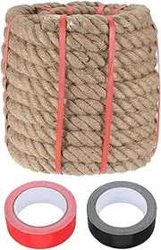 sourcing map Jute Rope 1.3 Inch x 59ft, Heavy Natural Thick Twisted Rope with 2 Roll Tapes for Crafts Railing Docks Tug of War Swing Nautical Landscaping