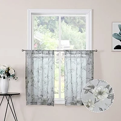 Sheer Tier Curtains Grey Flower Leaf Printed Floral Embroidered Half Window