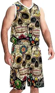 [KQNZT] Basketball Jersey for Men, Outfit Tank Top Track Shorts, Men's Athletic Basketball Jerseys, Skull Flower Mexico Vintage Pattern