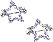 [Niaspi] Rhinestone Star Nipple Barbell Rings Colorful Star Shape Nipplerings Nipple Piercing Studs Stainless Steel 14G Nipple Rings Shields Body Piercing Jewelry, Stainless Steel, Cubic Zirconia