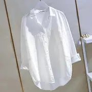 Pure Cotton Double Pocket White Shirt Women Long-sleeve Blouse Spring Autumn Tops Lapel Buttoned Irregular Shirts XL