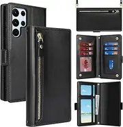 [Cavor] Crossbody Wallet for Samsung Galaxy S22 Ultra 6.8'' Case Leather Flip Cover Zipper Coin Purse Card Slots Photo Holder Kickstand Shoulder Strap Magnetic Shockproof Phone Cases-Long Lanyard Black