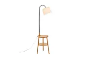 New Oriental Kamala Rubberwood 2-Round Shelves Floor Lamp Linen Shade W/ USB Port Charging - Off White/Natural