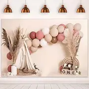7x5ft Baby Girls Cake Smash Backdrop Pink Boho Balloon Tent Girl 1st Birthday First One Year Old Birthday Party Decor Photo Background Photoshoot Props