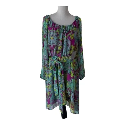 Jennifer Lopez Women Tropical Print Chiffon Wrap Midi Dress Size XL