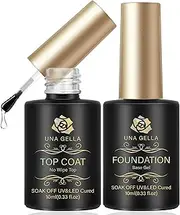 UNA GELLA Base Top Coat Set, 2PCS Gels Top Base Coat Gel Polish U V for Gel Nail Polish, Diamond Shiny, Protects Nails Healthy, Clear Base Coat & No Wipe Top Coat for DIY Nail Art Home