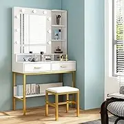 Maxkon Elegant White Lacquered Wood & Golden Metal Makeup Vanity Set with 9 LED Light, Mirror, Stool & Storage Drawers