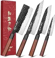 HEZHEN Kitchen Knife Set 4PCS, Clad Steel Chef Knife Nakiri Forged Steel Santoku, Wooden Octagonal Handle