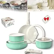 Gourmetific Ceramic Cookware Set, Gourmetific Cookware Set, 5/11/15 Piece Nonstick Maifan Cookwares Sets with Detachable Handle (Green,15PCS)