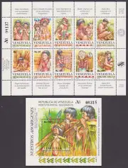 VENEZUELA 1993 ABORIGENES DE VENEZUELA 10 VALORES + HOJITA BLOQUE NUEVOS MNH