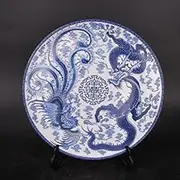 10.2" Chinese Blue White Porcelain Qing Qianlong Dragon Phoenix Design Plate