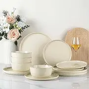 [GBHOME] Ceramic Dinnerware Sets for 4, 12 Pieces Stoneware Plates and Bowls Sets, Scratch Resistant Dishes, Dishwasher & Microwave Safe, Reactive Glaze-Vanilla color