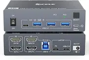 Dual Monitor KVM Switch Docking Station for Laptop & Desktop 4K@60Hz, USB C and HDMI KVM Switch 2 Monitors 2 Computers with 4 USB 3.0 Port for Keyboard Mouse, 80W PD Charging, with Wired Remote