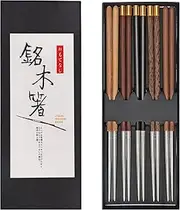 AKONEGE Reusable Chopsticks Wood Splicing Stainless Steel Metal Chopstick Lengthen Japanese Korean Chop Sticks 5 Pairs Gift Set, 9.8 inch Multicolor AOGCP11