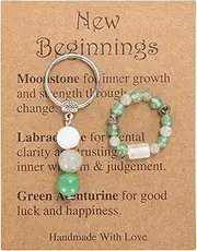 [Onperpoe] Crystal Keychain and Crystal Ring Set Crystal Gifts with Card New Beginnings Gift Good Luck Gifts Positive Gifts Leaving Gifts for Colleagues Women Men Moonstone Labradorite Green Aventurine,