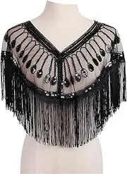 [HEYDHSDC] Women's 1920S Mesh Sequin Wedding Cape Evening Shawl Wrap 20'S Beaded Cape Fringed Flapper Dress Accessories