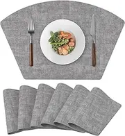 Round Table Placemats Set of 6, Faux Leather Wedge Shape Place Mats Heat Resistant Wipeable Washable Table Mats for Dining Outdoor Indoor, Gray