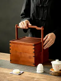 在飛比找樂天市場購物網優惠-中式復古竹制食盒竹編茶具多層收納盒野餐雙層小提籃茶點提箱茶箱