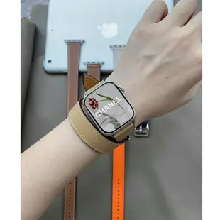 愛馬仕同款雙圈真皮錶帶 適用 Apple watch錶帶 S9 8 7 6 SE 5 4代女士錶帶 41 44 45mm