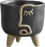 Modern Black Textured Footed Ceramic Planter for Flowers Succulents Face Design
