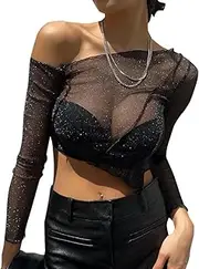 [ODIZLI] Women's Sexy Long Sleeve One Shoulder Glitter Transparent Mesh Top Y2K Crop Top