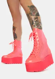 [Y.R.U.] Hot Pink Bloq Mesh Platform Boots