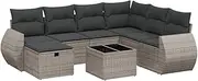 vidaXL Garden Sofa Set - Outdoor Poly Rattan - 8 Piece Modular Lounge with Cushions and Glass Table - Grey