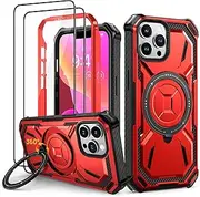 [Lanhiem] for iPhone 14 Pro Max Case with 2 Pack Screen Protector, Shockproof Military-Grade Protection, Magnetic Kickstand Phone Case for iPhone 14 Pro Max, Red