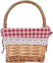 Hand Woven Basket, Wicker Picnic Basket Lightweight Comfortable To Hold Detachable Lining for Vegetable Picking (Red Plaid)