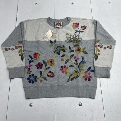 Johnny Was Vanessa Gray Floral Embroidered Relaxed Sweatshirt Women's Petite XS