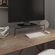 Clear Glass TV Stand Monitor Riser Table – Entertainment Center Shelf for Living Room, Bedroom – Modern Television Media Furniture & Storage Cabinet