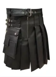 Mens Real Leather Black Heavy Duty Beautiful Gladiator Pleated Kilt LARP