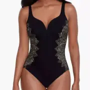 Miraclesuit Petal Pusher Temptress One Piece Swimsuit Black Multi Women's Sz 8