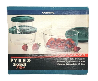 NOS Corning Pyrex 6 Piece Bake N Store Clear Glass Storage Round Containers Teal