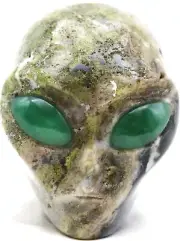 Exciting ZEBRA AGATE Stone ALIEN HEAD with Green AVENTURINE Eyes Art Paperweight