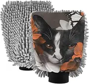 XYMZR Absorbent Microfiber Car Wash Mitt Cat Portrai Flowers, Funny Cute Anime Scratch Free for Cars Cleaning, Home Cleaning Mitts, 2 Pack, 10.24” L x 7.09” W