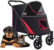 Pet Dog Stroller Carriage for Large Dogs, Large Dog Strollers Luxury Pram Premium Pet Pushchair 4 Wheel Pet Stroller for Cat, Dog and More, Foldable Carrier Strolling Cart(Red)