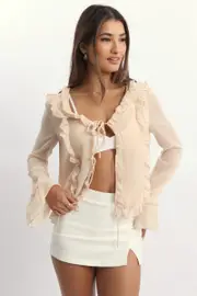 Beige Tie Up Top Long Sleeve V Neck Filled - Size 16XL, Women's Shirt